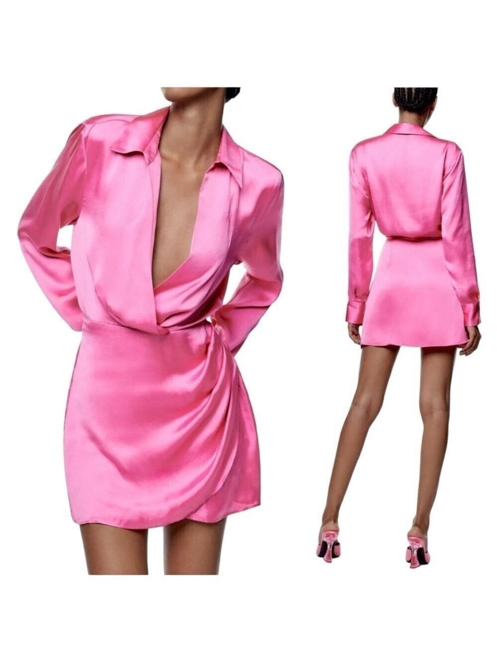 Zara Satin Surplice Collared Neck Draped Skirt Long Sleeve Barbie Mini Dress